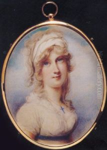 Lady Anne Hudson In White Dress With Blue Waistband, White Bandeau And Blue Crucifix On A Gold Chain At Her Neck