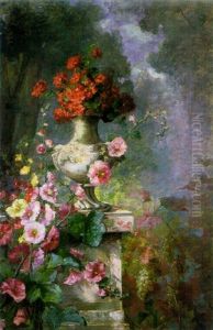 Still Life Of Hollyhocks And Red Flowers In A Baroque Vase by Gabrielle Millioud-Melay