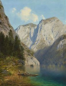 Fischer Im Nachen Am Ufer Eines Gebirgssees by Karl Millner