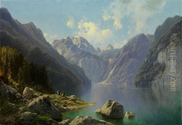 Konigsee Mit Watzmann Und Sankt Bartholoma, Im Vordergrund Rastende Jager - view 1