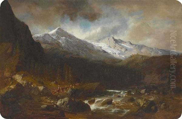 Gebirgslandschaft Mit Viehherde Und Bauern Am Fluss - view 1