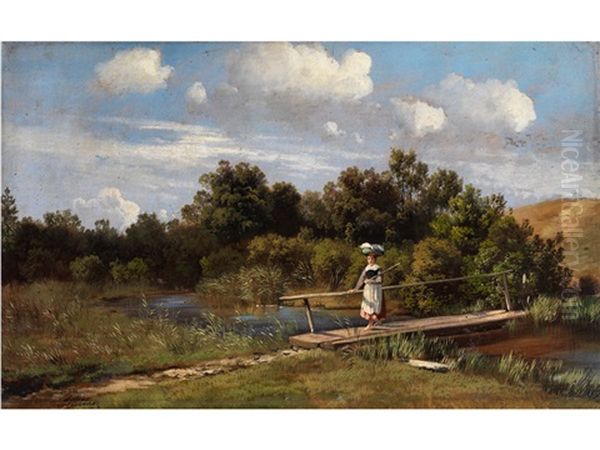 Sommerliche Landschaft Mit Einer Wascherin Auf Einer Bachbrucke - view 1