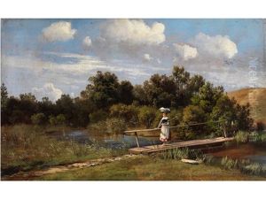 Sommerliche Landschaft Mit Einer Wascherin Auf Einer Bachbrucke by Karl Millner