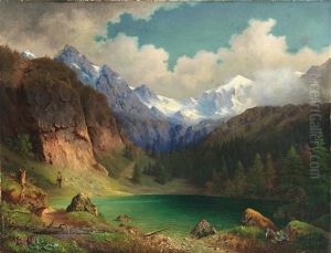 Gebirgssee Im Sonnigen Licht Vor Prachtvoller Schneebedeckter Kulisse