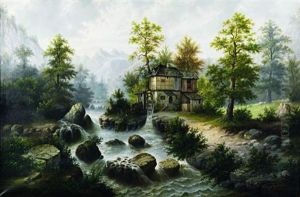 Stimmungsvolle Gebirgslandschaft Im Morgentau Mit Fachwerkmuhlenhaus Und Wassermuhlenrad Am Wildbach