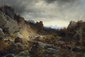 Im Hochgebirge. Almbauern Mit Tieren Und Planwagen Auf Dem Abstieg