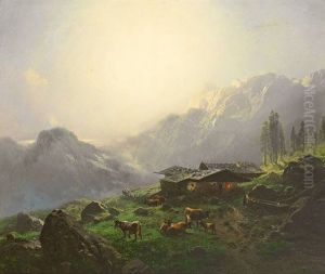 Prachtvolle Abendliche Alpenlandschaft Mit Sennhutte Und Vieh Auf Der Weide by Karl Millner
