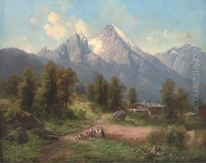Harvesters In An Alpine Landscape by Karl Millner