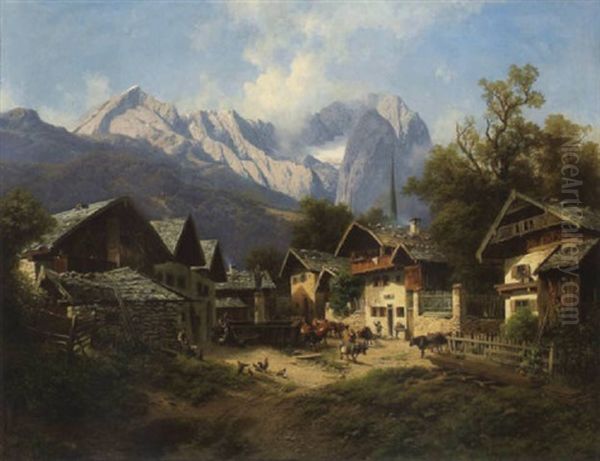 A Springtime Alpine Landscape With Figures And Cattle In The Village Square Of Garmisch, Germany - view 1