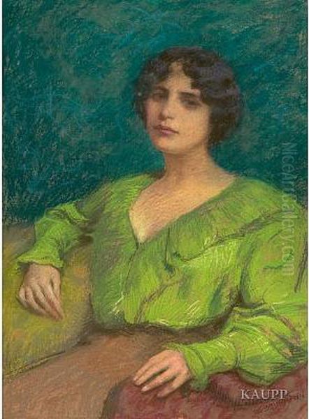 Brustbildnis Einer Jungen Dame Mit Hellgruner Blusevor Dunkelgrunem Fond Auf Einem Sessel Sitzend - view 1