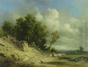 Schafer Mit Seiner Herde Auf Dem Weg Am Waldrand