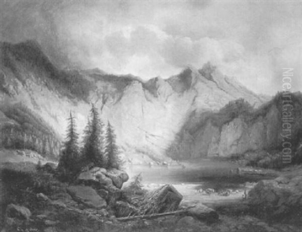 Hirten Mit Kuhen Am Ufer Eines Gebirgssee - view 1