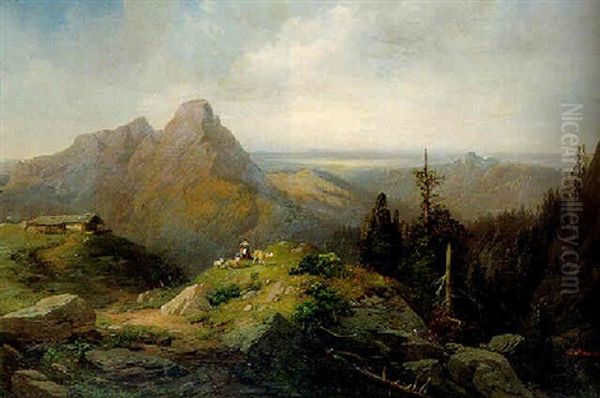 An Alpine Landscape With A Shepherdess And Sheep - view 1