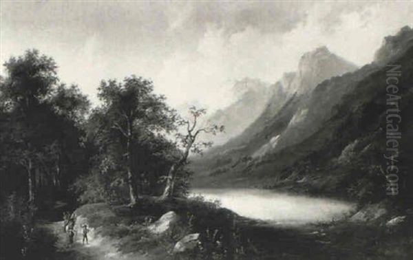 Faggot Gatherers On A Track In A Mountainous Lake Landscape - view 1