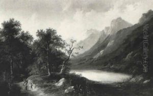 Faggot Gatherers On A Track In A Mountainous Lake Landscape Faggot Gatherers On A Track In A Mountainous Lake Landscape