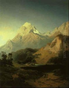 Alpine Lake Landscape With Woodcutters Resting