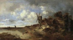 Windmuhle Und Bauerngehoft An Einem Wasser by Karl Millner