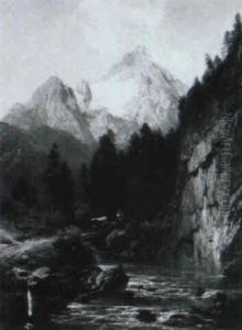 Alpine Landscape With Figure And Cattle Crossing A River by Karl Millner