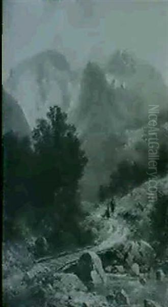 Figures Before A River In An Alpine Landscape - view 1