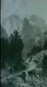 Figures Before A River In An Alpine Landscape by Karl Millner
