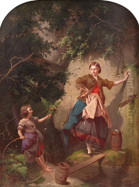 At The Well - Two Young Girls In A Wooded Setting - view 1