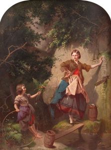 At The Well - Two Young Girls In A Wooded Setting by William Edward Millner
