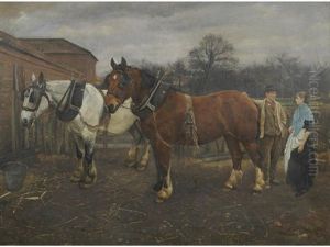 Shire Horses At The End Of A Hard Day's Work by William Edward Millner