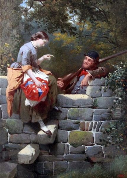Maid And Gamekeeper Conversing At A Stile - view 1