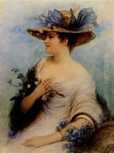 Portrait Einer Sitzenden Jungen Frau Mit Hut Und Blumen Portrait Einer Sitzenden Jungen Frau Mit Hut Und Blumen