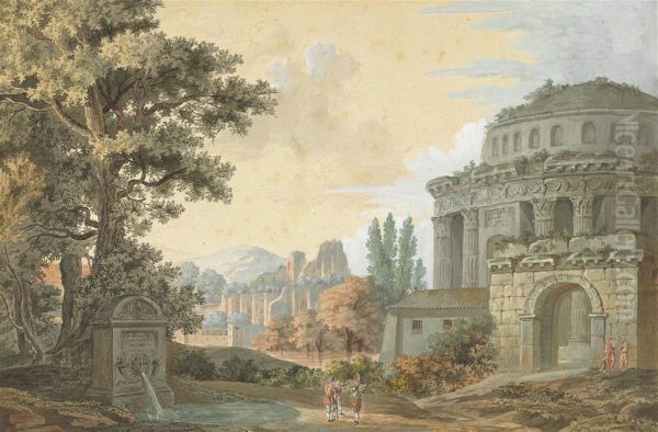 Classical Buildings With Figures By A Fountain - view 1