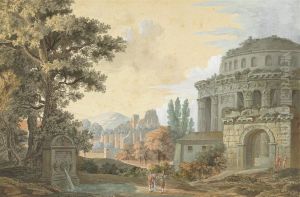 Classical Buildings With Figures By A Fountain by Antoine Germain Bevalet