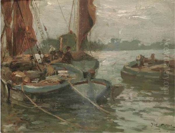 Shipping Vessels Moored Off A Coastline - view 1