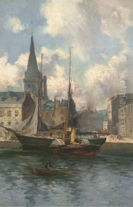 A Tug Boat And Row Boat Before A Sailing Ship, Dundee by Joseph Milne