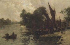 Evening On A Thames Backwater With Barges Moored By The Bank Evening On A Thames Backwater With Barges Moored By The Bank