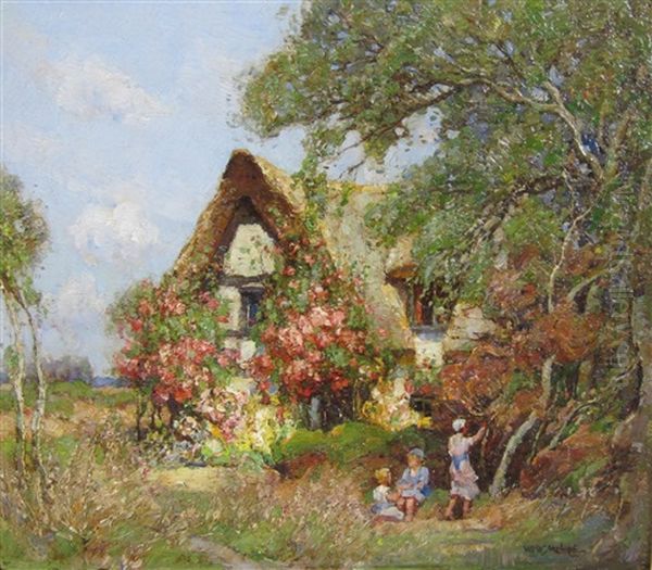 A Rural Idyll With Children Playing By A Cottage - view 1