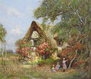 A Rural Idyll With Children Playing By A Cottage by William Watt Milne