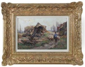 A Shepherd With His Flock Amongst Hay Barns by William Watt Milne
