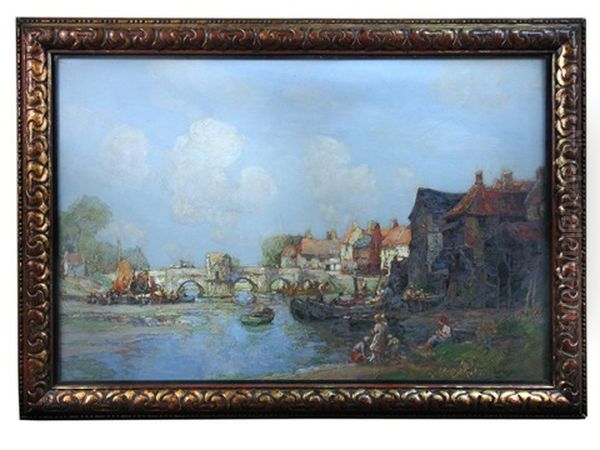 St. Ives Bridge, Huntingdon, With Fishermen And Boats In The Foreground - view 1