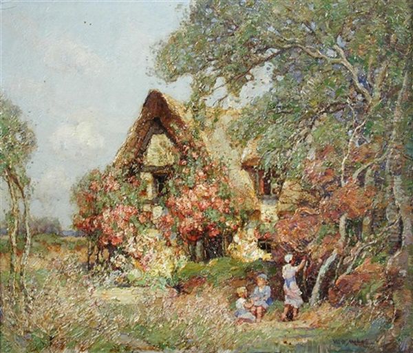 Children Blackberrying Outside A Rose-covered Cottage - view 1
