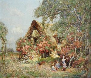 Children Blackberrying Outside A Rose-covered Cottage