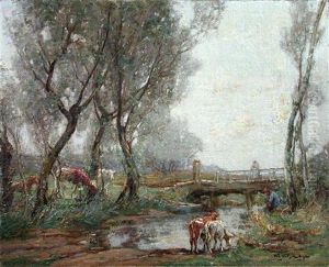Cattle Watering At A Ford, Villagers On A Bridge Beyond by William Watt Milne