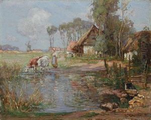 A Milkmaid Watering Cattle, A Village With A Windmill Beyond