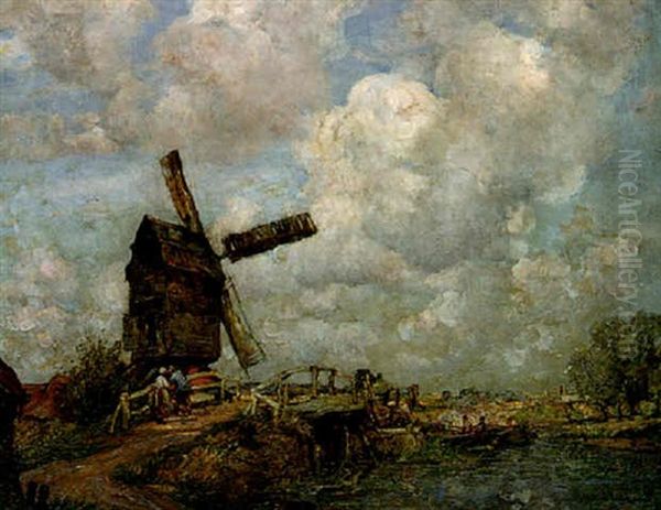 A Dutch River Landscape With Figures Near A Windmill - view 1