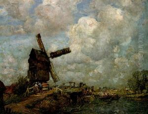 A Dutch River Landscape With Figures Near A Windmill