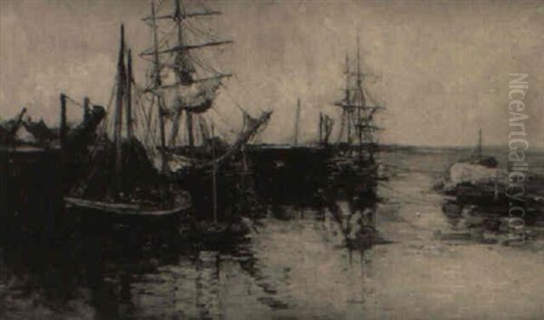 A Harbor Scene With Three Fishing Smacks Moored To The Quay - view 1
