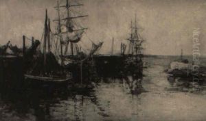 A Harbor Scene With Three Fishing Smacks Moored To The Quay by William Watt Milne