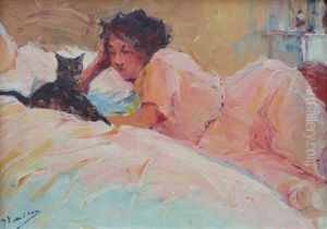 Jeune Femme Et Son Chat by Joseph Milon