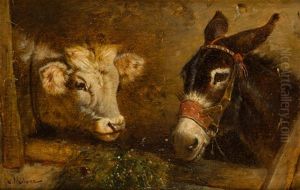 Vaca Y Burro En El Establo by Antonio Milone