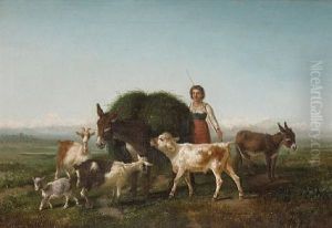 An Extensive Italianate Landscape With A Young Girl With Her Farm Animals In The Foreground (+ A Companion Painting; Pair) by Antonio Milone