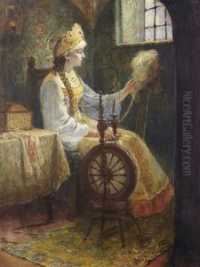 Russian Boyarynya At The Spinning Wheel by Sergei Dmitrievich Miloradovich
